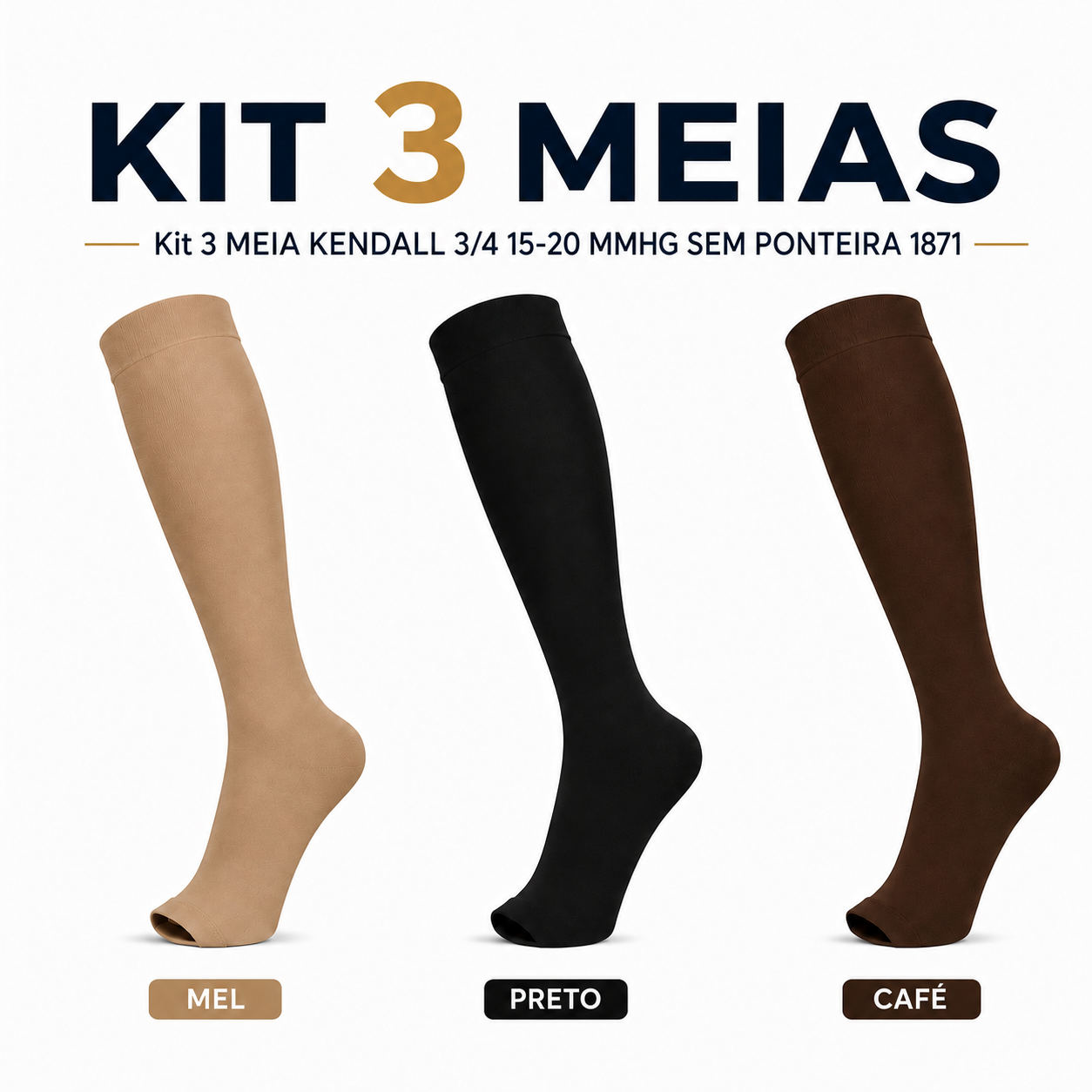 Kit 3 MEIA KENDALL 3/4 15-20 MMHG SEM PONTEIRA 1871