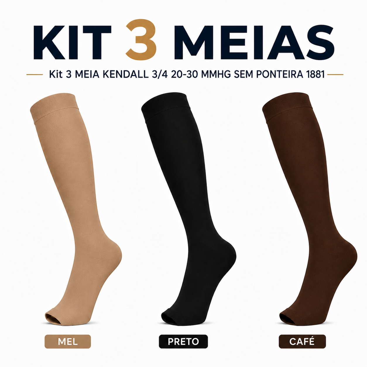 Kit 3 MEIA KENDALL 3/4 20-30 MMHG SEM PONTEIRA 1881